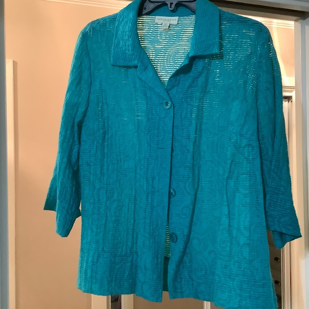 Appleseed turquoise top that buttons down the front. Sleeves come to the elbows.